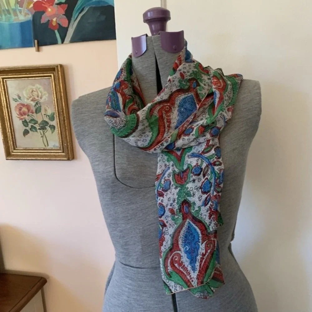 Vintage Paisley‎ Floral Silk Chiffon Sheer Scarf Green Blue Red 51x19